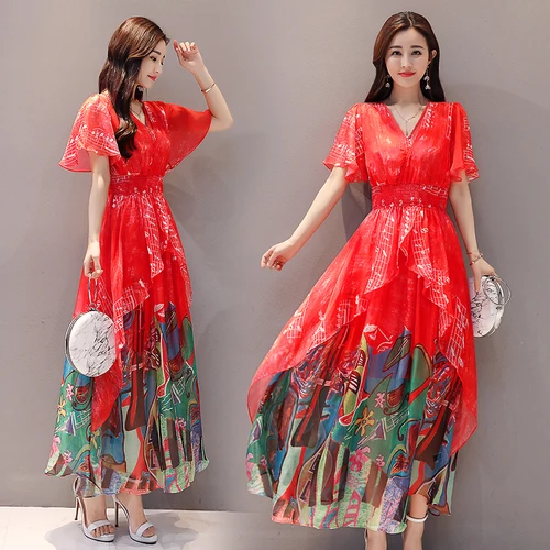 Женское шифоновое платье макси в богемном стиле длинное пляжное с асимметричным