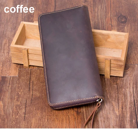 coffee Винтажный кошелек Crazy horse из натуральной кожи, мужской кошелек, кожаный мужской кошелек, длинный Стильный клатч, мужской кошелек на молнии - Цвет: coffee