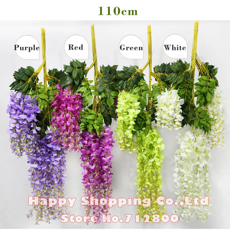 12 шт. 75 см/110 см искусственный шелк Wisteria поддельные Сад Висячие цветы лоза Свадебная вечеринка домашний декор, зеленый красный фиолетовый белый