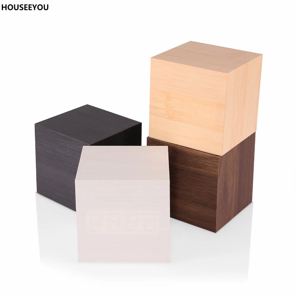 Modern Wood Cube LED Digital Alarm Clocks Thermometer Temp Date Display Calendars Square Desktop Clock Home Decor | Дом и сад