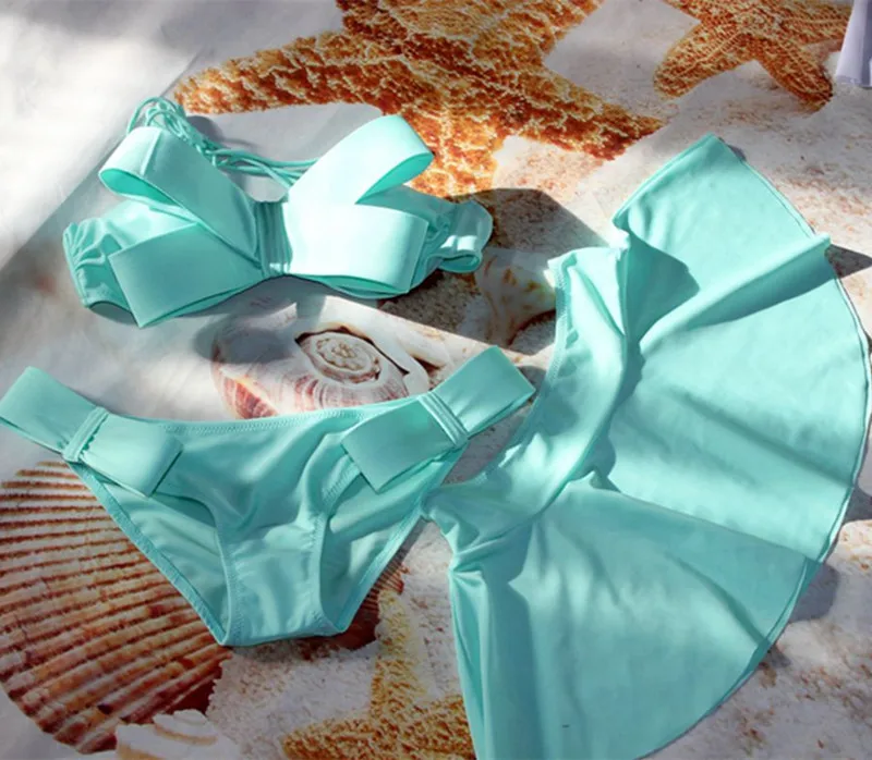 bikini set 2 Женский бразильский купальник, комплект бикини+ юбка, комплект из 3 предметов, купальник, купальник,, однотонная пляжная одежда с большим бантом - Цвет: bikini set 2