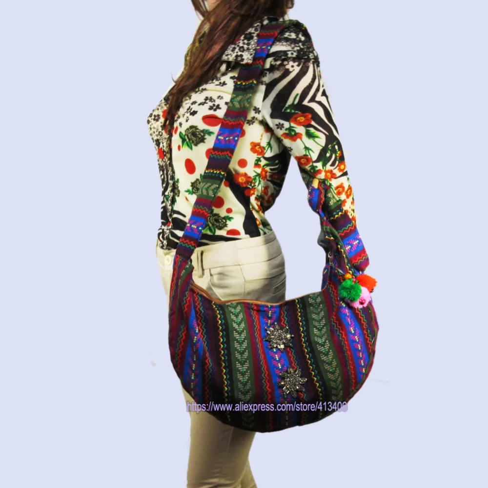 Фото Винтажная ручная сумка hmong Boho, этнический тайский индийский бохо, сумка-мессенджер, сумка-хобо, сумка-тоут, помпон, отделка бусинами, sys-1015B №2