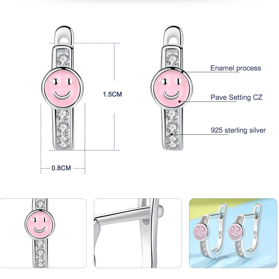 Pink Enamel Smile Face Children Earrings Authentic 925 Sterling Silver Clear CZ Hoop For Girls Kids Jewelry | Украшения и