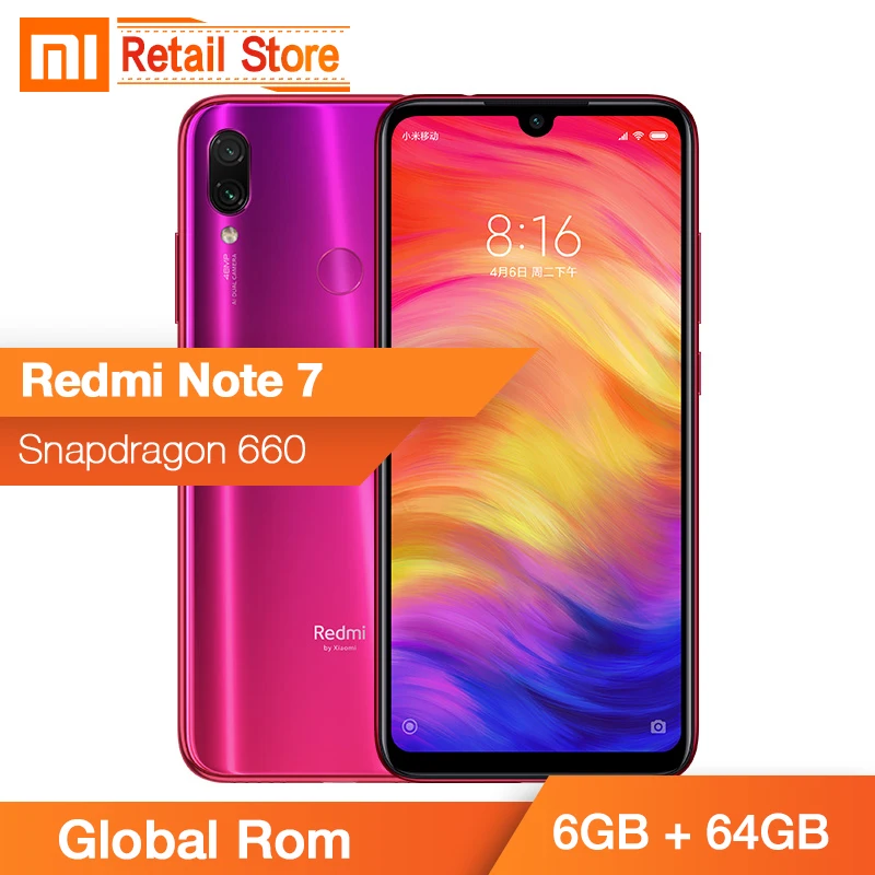 В наличии глобальная прошивка Xiaomi Redmi Note 7 Note7 6 ГБ 64 Гб 48 0 + 5 Мп Rear Cam Snapdragon 660 Octa Core 3