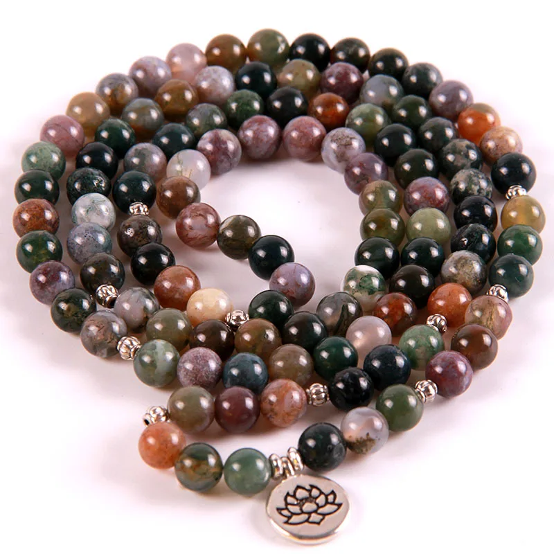 Горячая распродажа браслета из натуральных камней с 108 бусинами диаметром 8 мм из индийского оникса с подвеской лотоса для женщин, занимающихся йогой и медитацией (доставка от производителя).