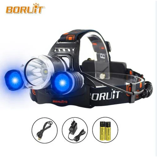 with battery blue BORUIT УФ 5000лм T6 светодиодный налобный фонарь 3 режима мощный налобный фонарь фиолетовый свет для кемпинга рыбалки 18650 батарея Головной фонарь 4 цвета - Испускаемый цвет: with battery blue