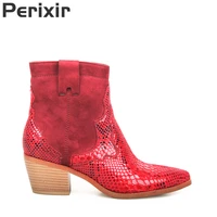 oiah new springautumn women boots ankle boots luxury red snakeskin chelsea boots sexy pointed toe for women square heel