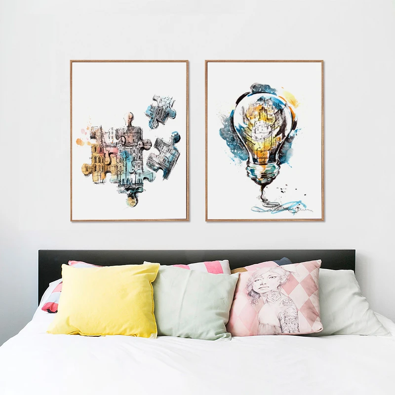 Абстрактная картина пазл с лампочками Картина на холсте А4 и А3 07 г|watercolors abstract|print