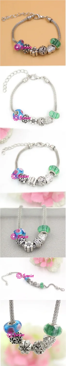 Женский браслет с бусинами зеленого и бирюзового цвета цветочным узором |