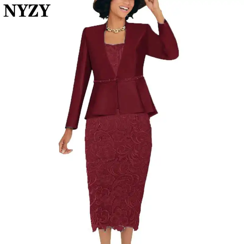 burgundy NYZY M137E трава зеленая мать невесты платья для женщин с курткой 2 шт. оболочка кружевные наряды церкви костюмы Свадебная вечеринка - Цвет: burgundy
