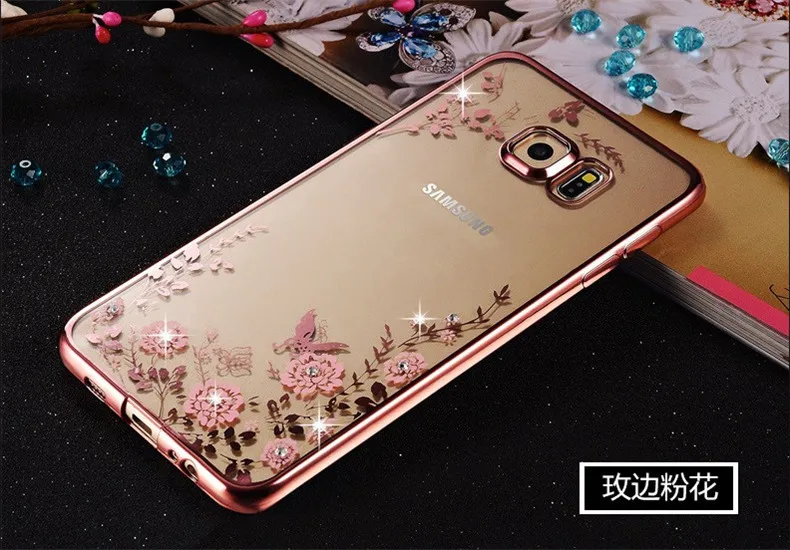 Блестящий со стразами однотонный чехол для Samsung S8 S9 A8 A6 J4 J6 плюс A7 чехол из силикона и термополиуретана Fundas для Note 9 8 J3 J5 J7 A5 A3 S7 S6 - Цвет: rose pink flower