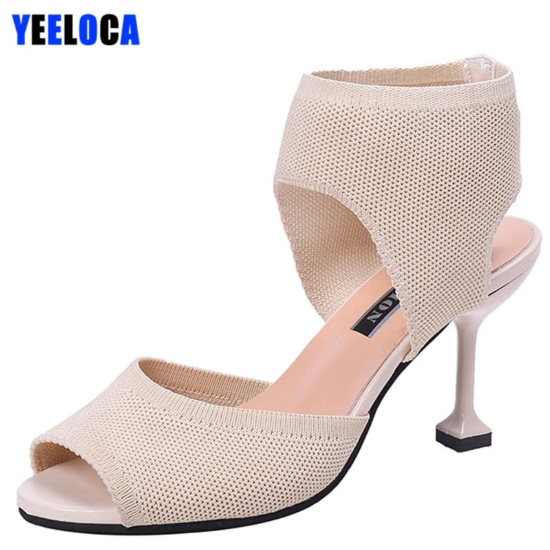 

YEELOCA Sandals Women Summer New High Heels Pointed Toe Open Toe Air Mesh Ankle Wrap Thin Heels Solid Black Casual Shoes Woman