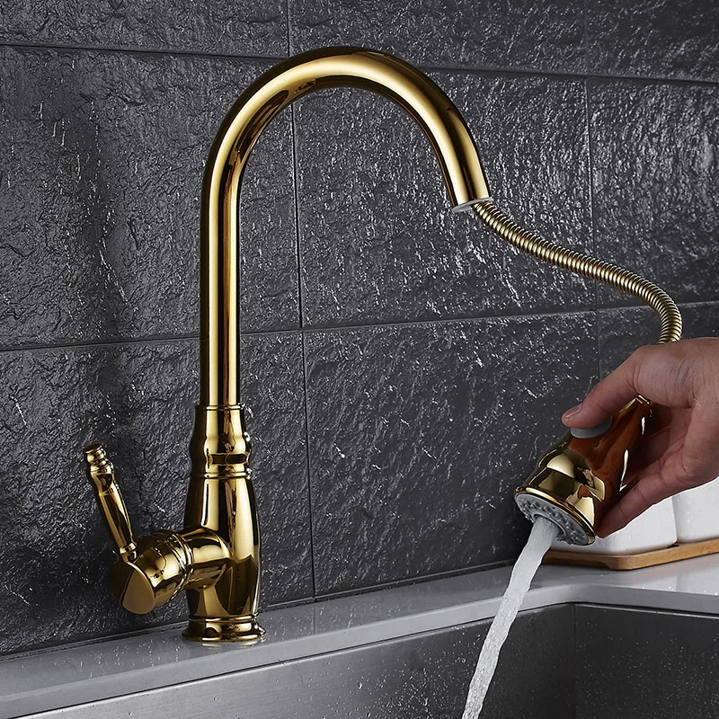 Azeta Golden Pull Out Kitchen Faucet 360 Degree Rotation Torneira Cozinha Deck Mounted Hot Cold Water Sink Tap AT7618G | Обустройство