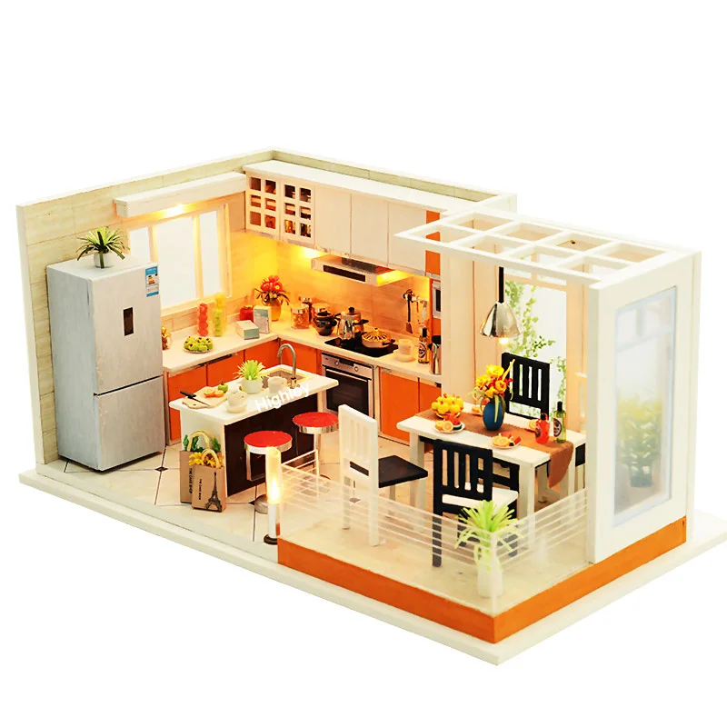 Modern kitchen Мебель кукольный дом деревянный миниатюрный DIY кукольный домик набор мебели собрать С Пылезащитным покрытием Куклы Домашние игрушки для Рождественский подарок - Цвет: Modern kitchen