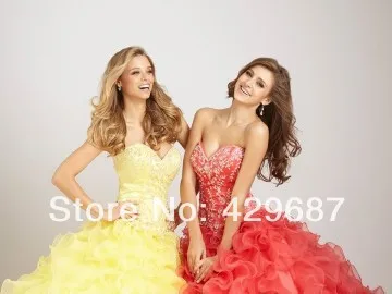Elegant Strapless Ball Gown Embroidery Lace-up Prom Floor Length Party Custom Made Yellow Organza Quinceanera Dress DL1309925 | Свадьбы и