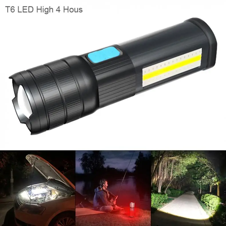 

Highlight Mode 4 Hours T6 LED 5V COB USB Charging Multi-functional Waterproof Flashlight Emergency Light for Hunting / Camping