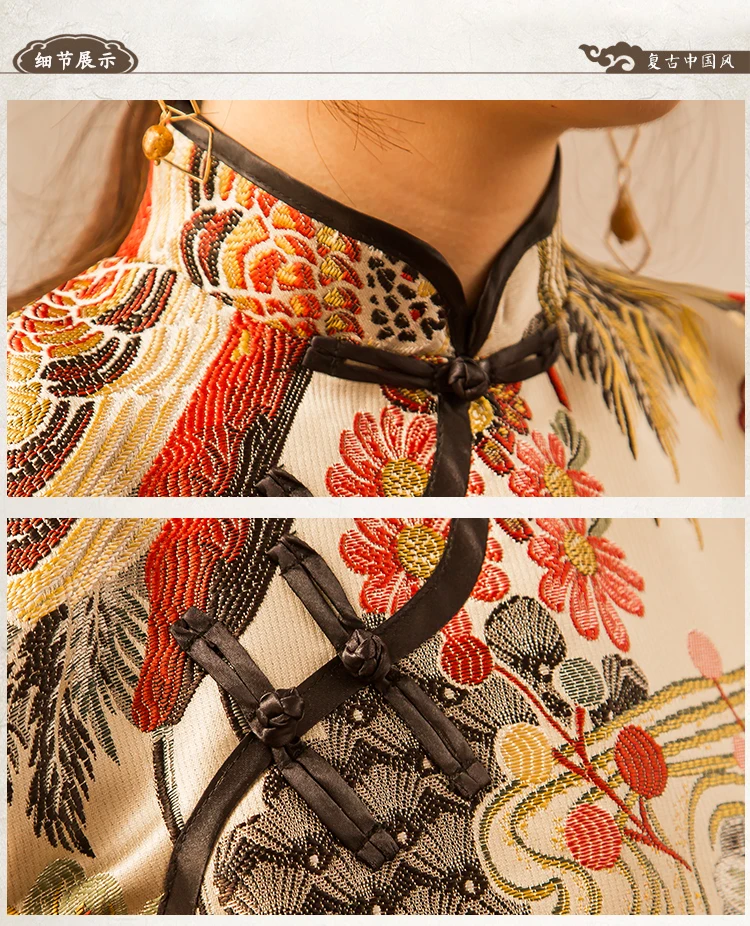 Короткий рукав элегантный кран золотой сатин жаккард Улучшенная девушка Cheongsam Сексуальная Печать Pankou cheongsam