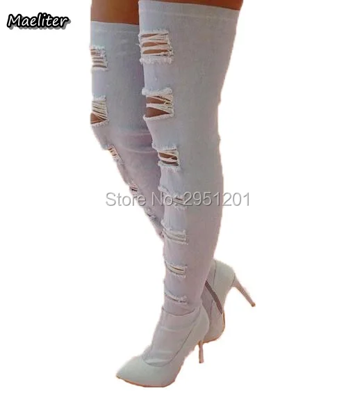 Осенне зимние ботинки выше колена с острым носком|thigh high boots|boots sexyblue denim boots |