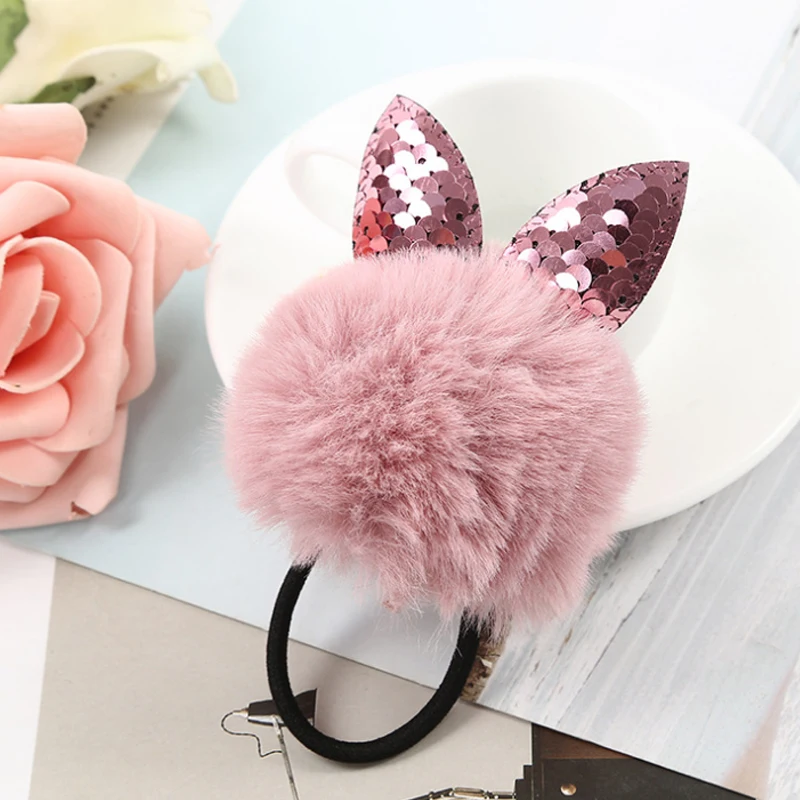 Deep pink Модные 1 шт. Детские блестящие кроличьи уши, искусственный мех, лента для волос ручной работы, Детские эластичные резинки для волос, рождественские подарки - Цвет: Deep pink
