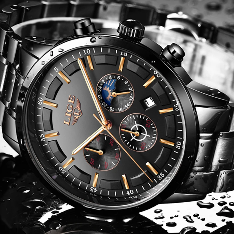 Relogio Masculino LIGE модные мужские часы с хронографом Moon phase Топ бренд Бизнес Кварцевые