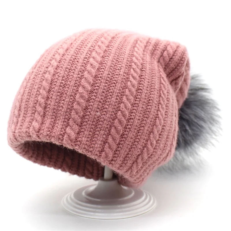 Minhui Новые Вязаные теплые шапочки капот Gorro Для женщин зимние Шапки Silver Fox Fur Pompom шляпа Skullies женские шапки Обёрточная бумага шарф - Цвет: pink