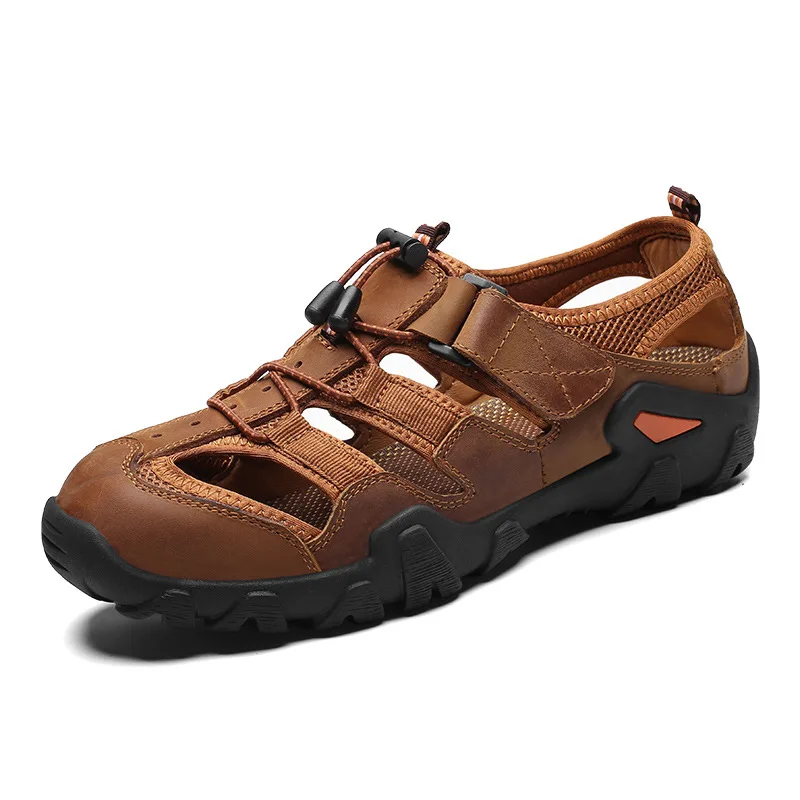 

Men Hollow Summer Sandals Genuine Leather Hook Loop Beach Sandals Male Outdoor Sport Leisure Non-Slip Shoes Big Size Shoes