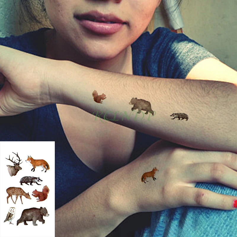 

Waterproof Temporary Tattoo Sticker Animal deer wolf bear owl squirrel Tatto Flash Tatoo Hand Fake Tattoos For Men Women kid