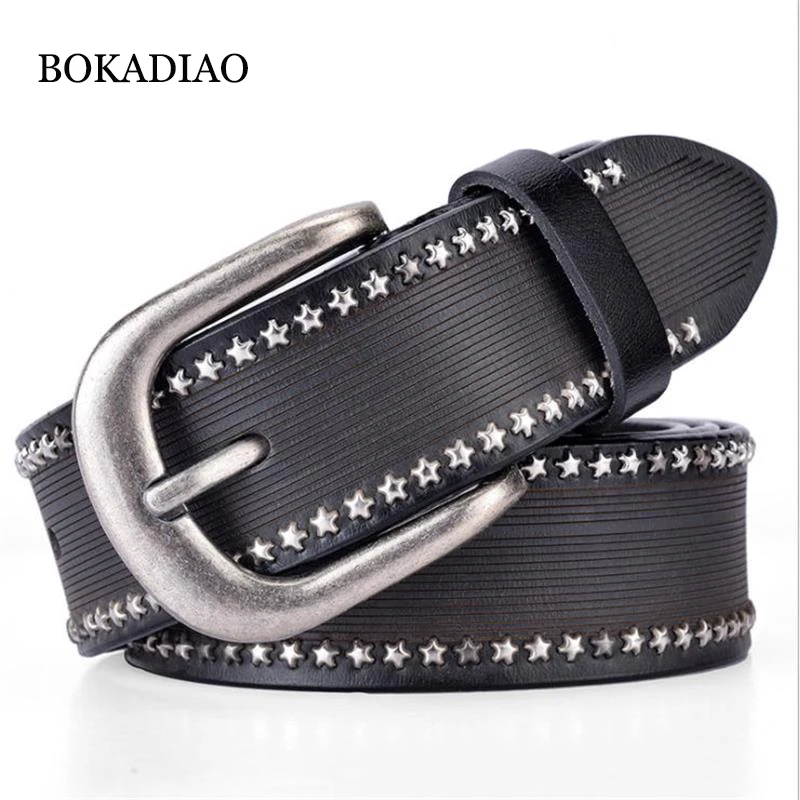 BOKADIAO Hot women's genuine leather belt Punk star Rivets luxury brand designer belts for women fashion female jeans belt Black