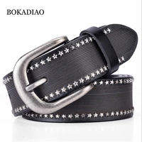 bokadiao hot womens genuine leather belt punk star rivets luxury brand designer belts for women fashion female jeans belt black
