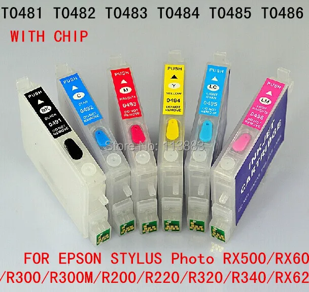 T0481- T0486 Refillable ink cartridge for EPSON STYLUS Photo RX500/RX600/R300/R300M/R200/R220/R320/R340/RX620 Auto reset chip