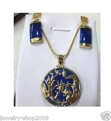 Ювелирные изделия синий Нефритовый дракон феникс набор из сережек и кулона&gt 18K GP