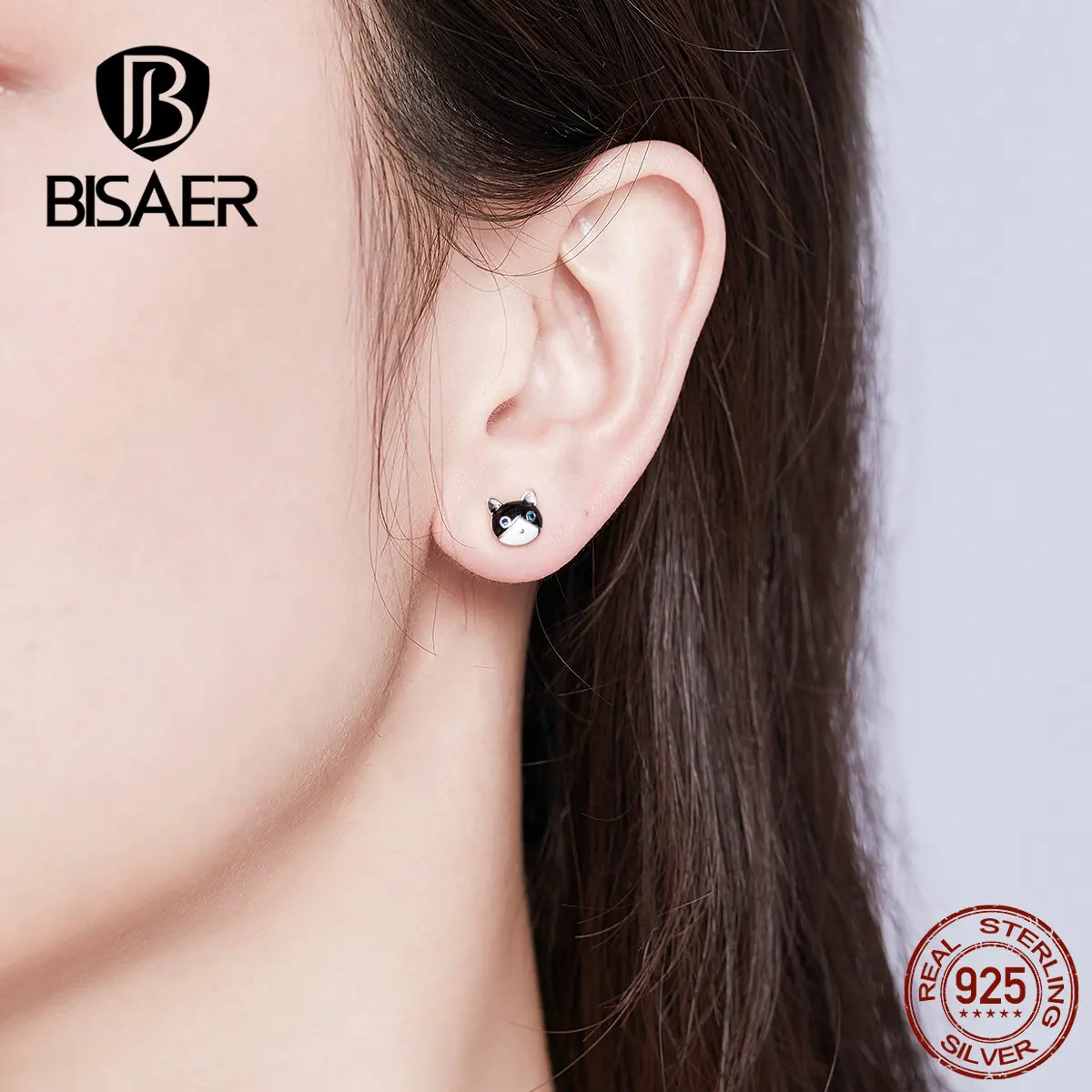 Женские серьги гвоздики из серебра 925 пробы с изображением кошки и