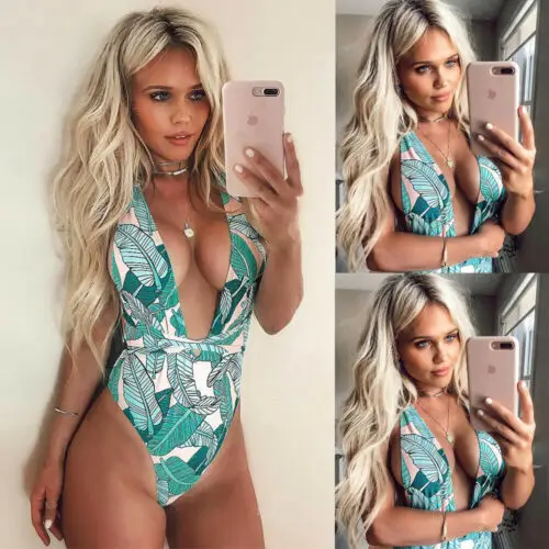 Женский Цельный купальник с цветочным принтом бандажный зеленых листьев и