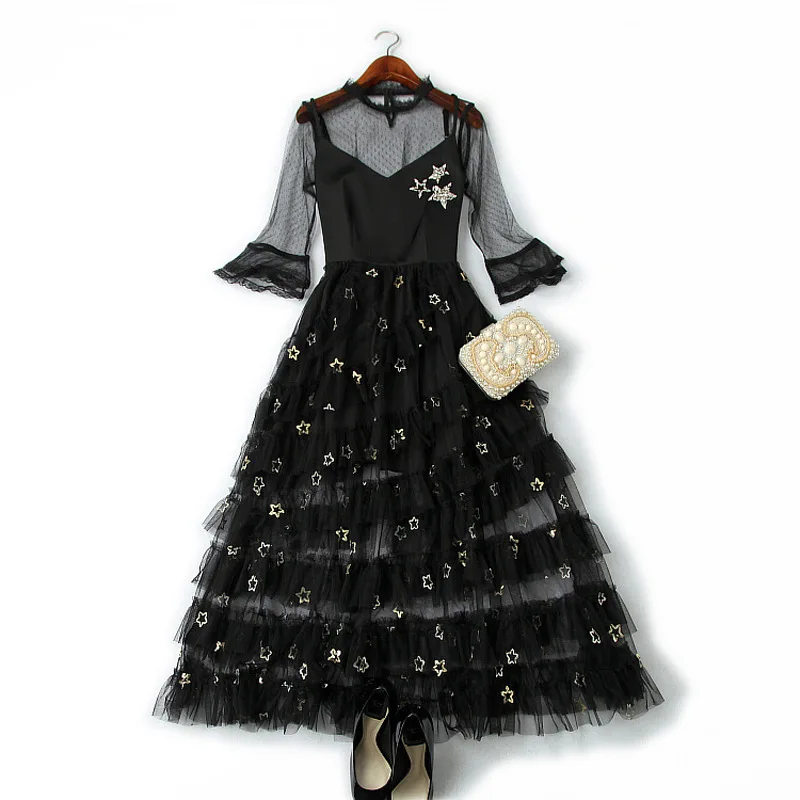 

Женский комплект из 2 предметов, черный сетчатый топ и блузка в готическом стиле с блестками и оборками, лето 2019