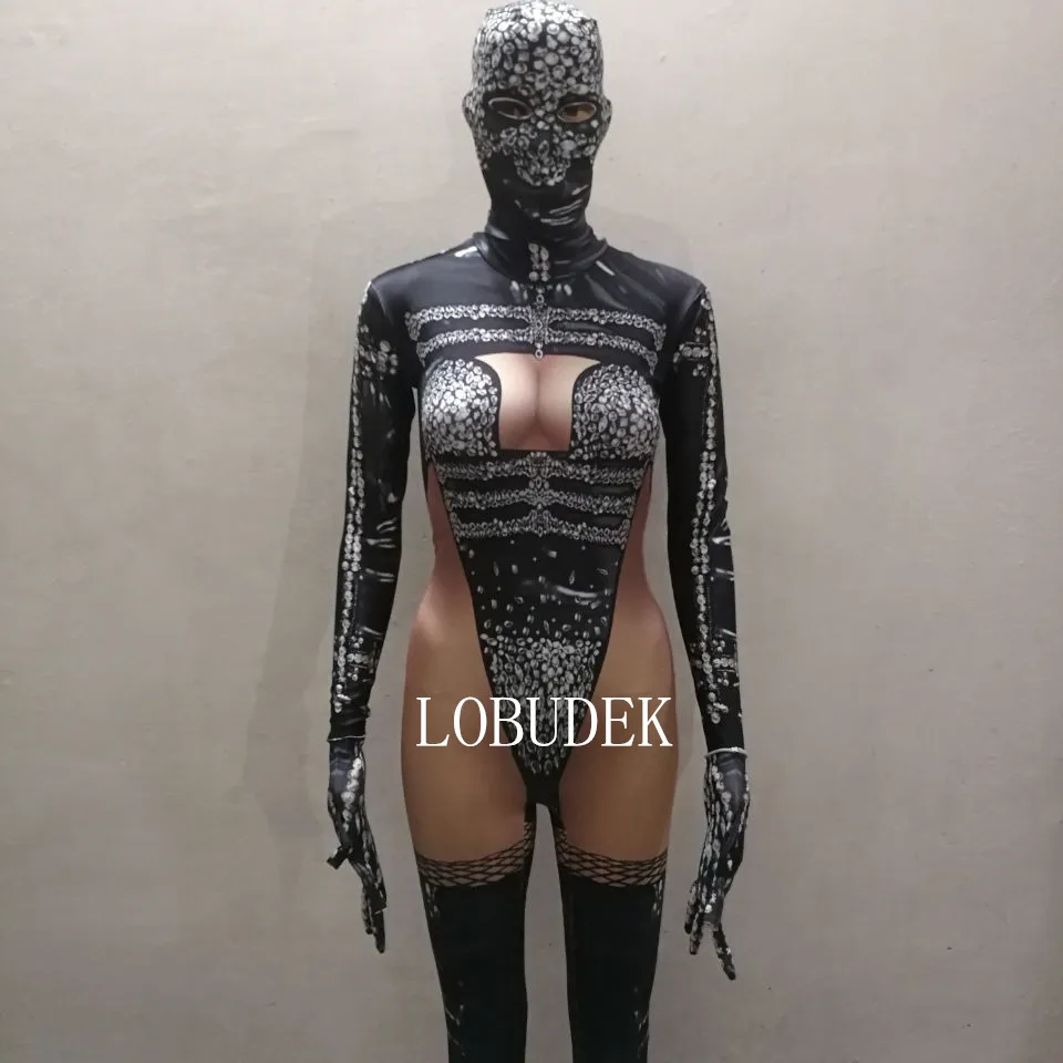 Zentai Мужчины Женщины Печать Тощий комбинезон блестящие стразы стрейч-комбинезоны ночной клуб Танцы у шеста сценические леггинсы DJ костюм