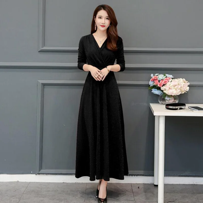 Женское длинное платье с V-образным вырезом длинным рукавом и завышенной талией |