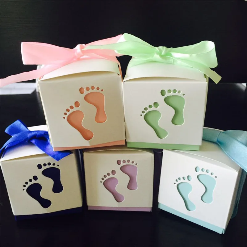 

50pcs/lot Pterry Feet Laser Cut-out Baby Shower Favor Gift Candy Box GIft Boxes For Boy Girl Brithday Party Favors Gift