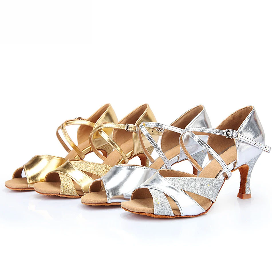 Туфли для латинских танцев DILEECHI из искусственной кожи золотого и серебряного
