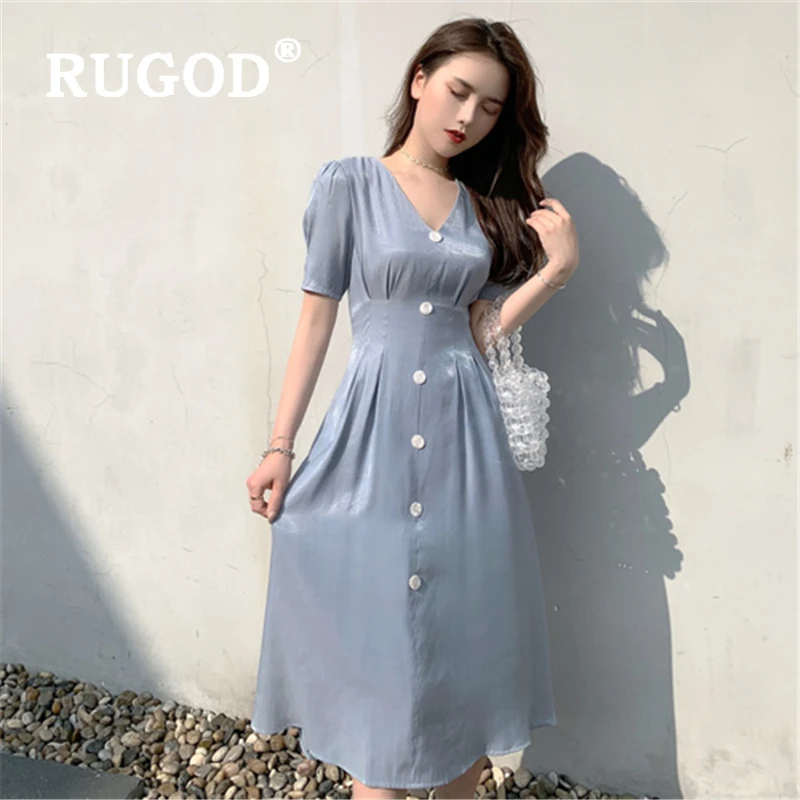 Женское атласное платье RUGOD винтажное однотонное на пуговицах с v образным