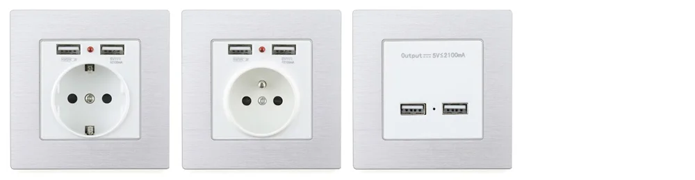 16А розетка ЕС Франция стандарт с двойным портом USB порт 5 в 2.1A настенное зарядное устройство адаптер со светодиодным индикатором алюминиевая металлическая панель