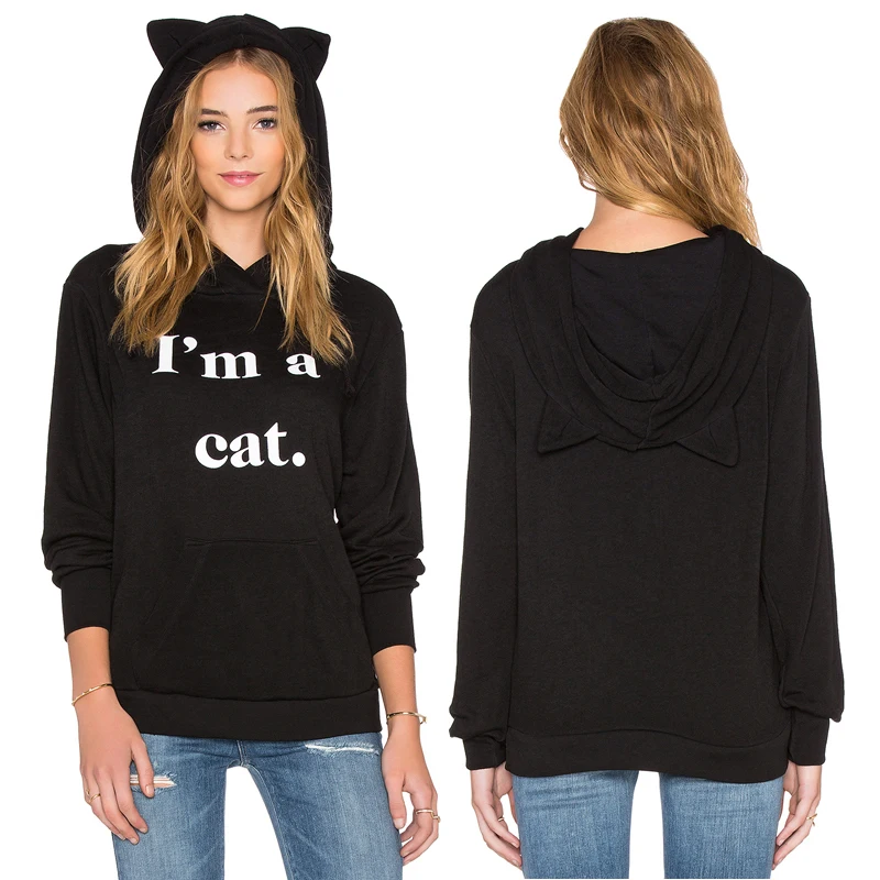 2018 модные Демисезонный толстовки женский черный Повседневное письмо печати