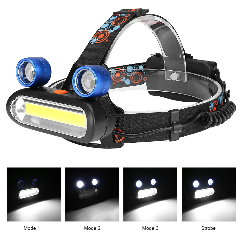 2*XPE+1*COB LED Headlamp Fishing Headlight Flashlight 4 Modes Power 2*18650 Battery for Outdoor Camping Light | Лампы и освещение