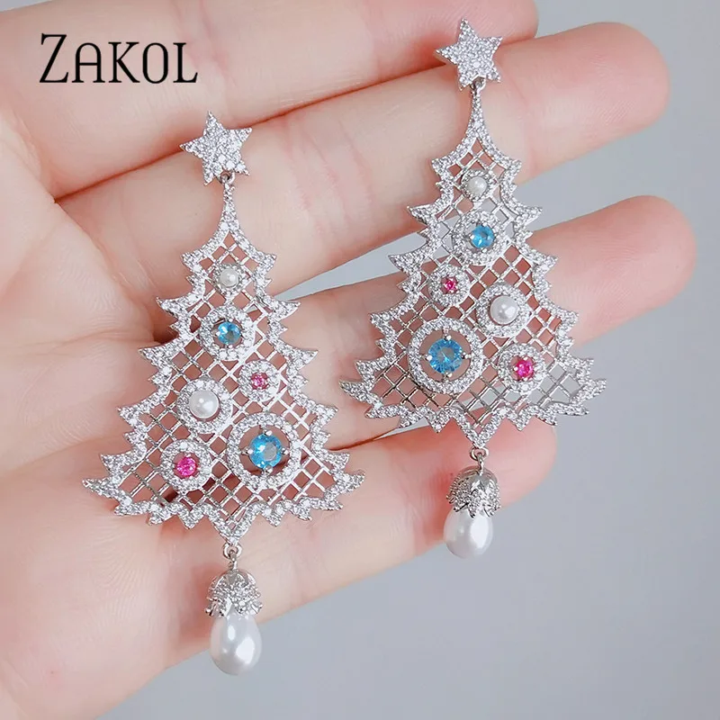 ZAKOL модные серьги с фианитом в форме рождественской елки большие капельки для