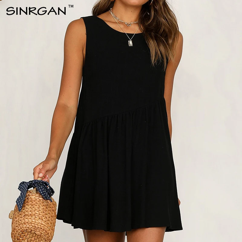 SINRGAN Твердое Белое Дикое Летнее Платье О-Образным Вырезом Офис Леди Boho