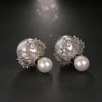 fashion duble side white pearl earrings for women sparking cz pave wedding stud earring brincos for female party gifts e 003