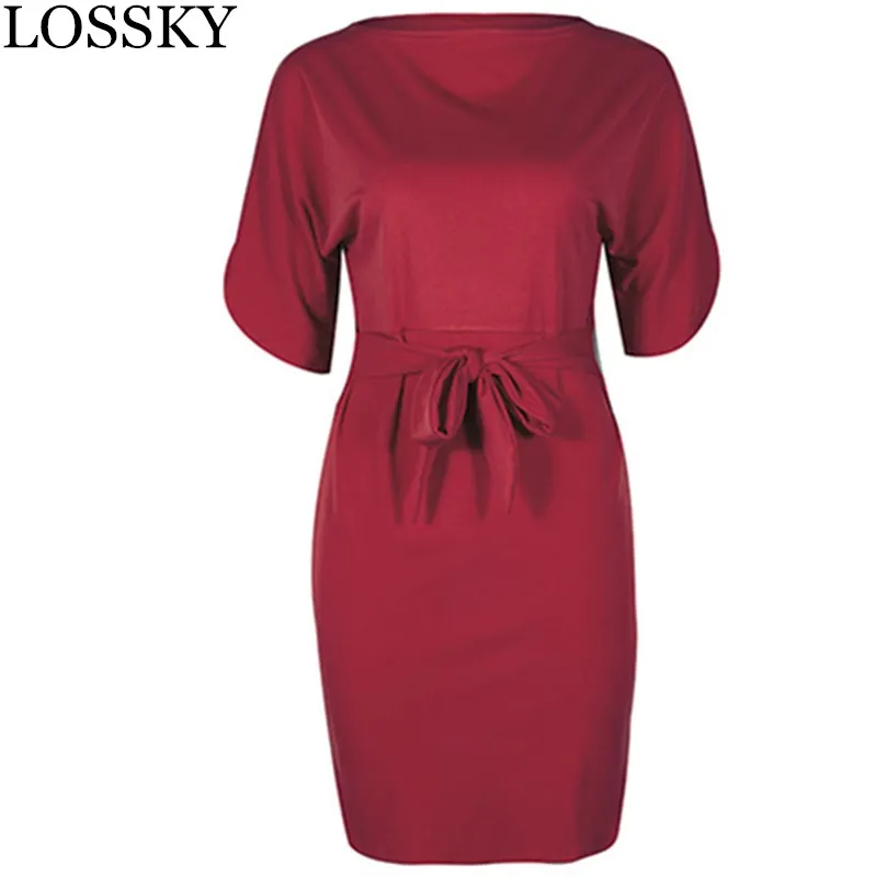 

Summer Eleagant Belt Mini Dress Casual O Neck Half Sleeve Package Hip Women Slim Solid Dress Leisure Sashes Party Dress Robe New