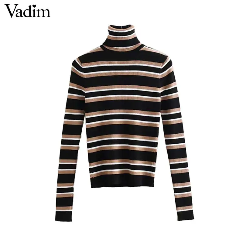 Vadim women chic striped knitted turtleneck sweater long sleeve stretchy pullovers vintage female casual basic tops HA322 | Женская