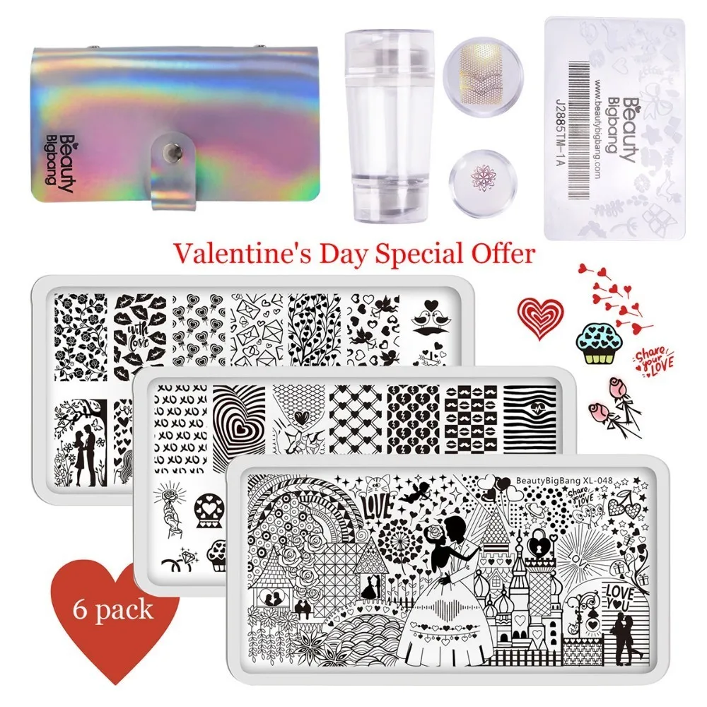 1 set BeautyBigBang набор для штамповки ногтей 6 шт подарок на день Святого Валентина шаблон для ногтей чехол для ногтей с прозрачная гелиевая матрица набор - Цвет: 1 set
