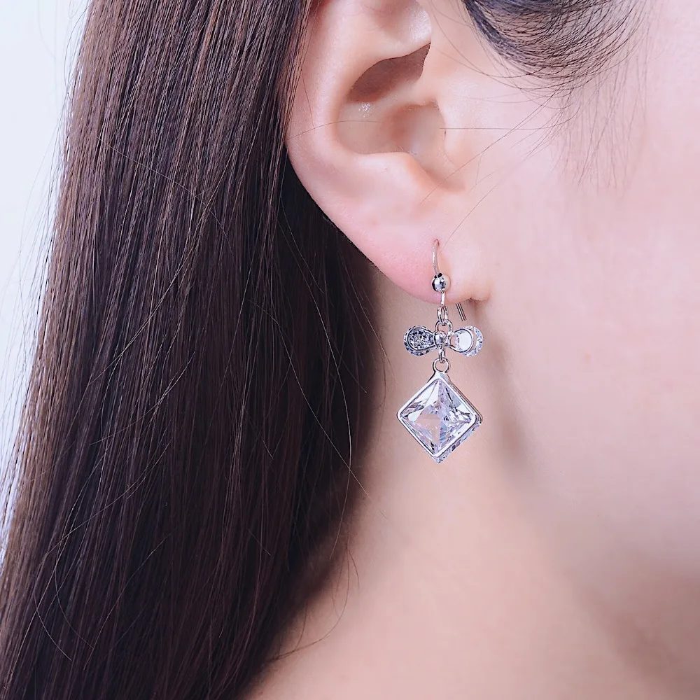 WEVENI Silverstone Bowknot Square Cubic Zircon Earrings Dangle Drop Zirconia Charms For Women Girl Birthday Gift Fashion Jewelry | Украшения