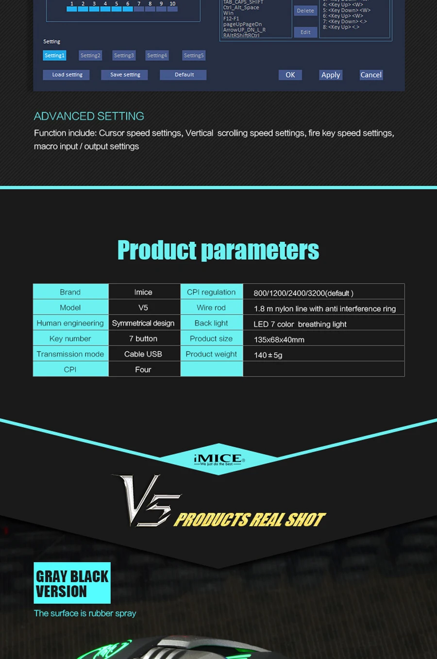 IMice V5 программируемый Gaming Мышь 3200 Точек на дюйм 7 кнопок с подсветкой USB Проводная оптическая компьютерная Мышь геймер для портативных ПК Desktop